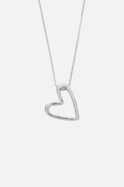 Silver-tone open heart necklace, front view on a light background