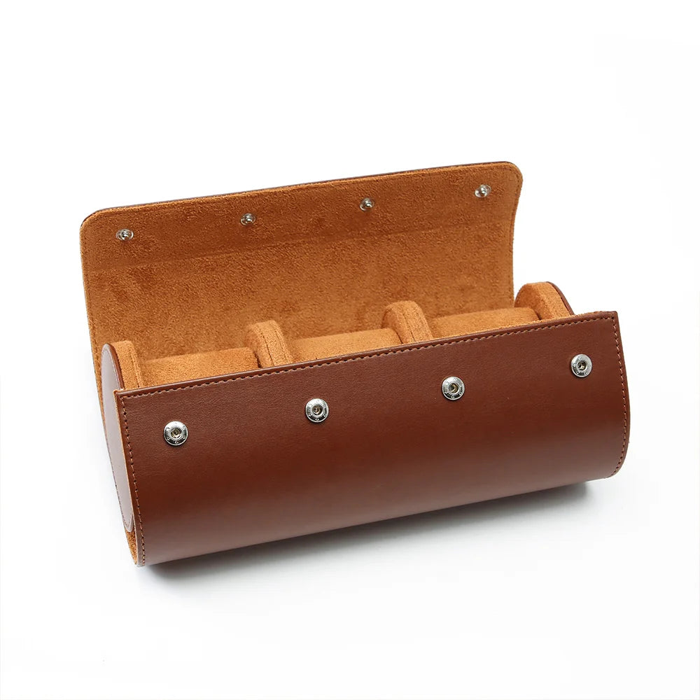 Brown roll case open with snap fasteners, angled view