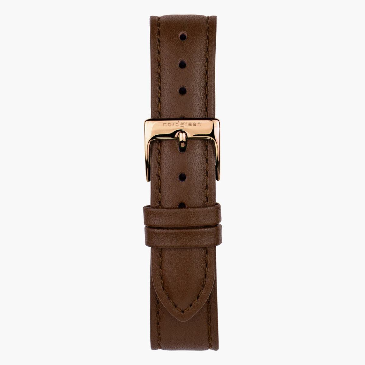 Brown strap with a rose gold-tone pin buckle, laid out flat.