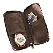 Open brown case with two watches in separate pockets