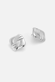 Pair of draped square statement stud earrings in silver tone