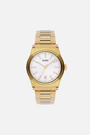 Front view of the small gold-tone round watch with white dial