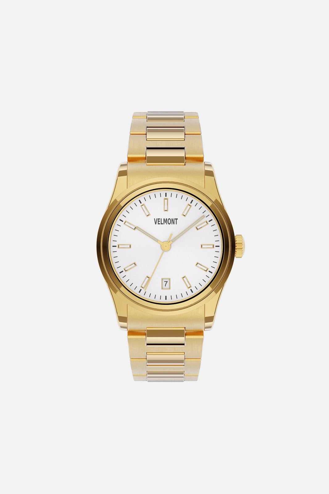 Front view of the small gold-tone round watch with white dial