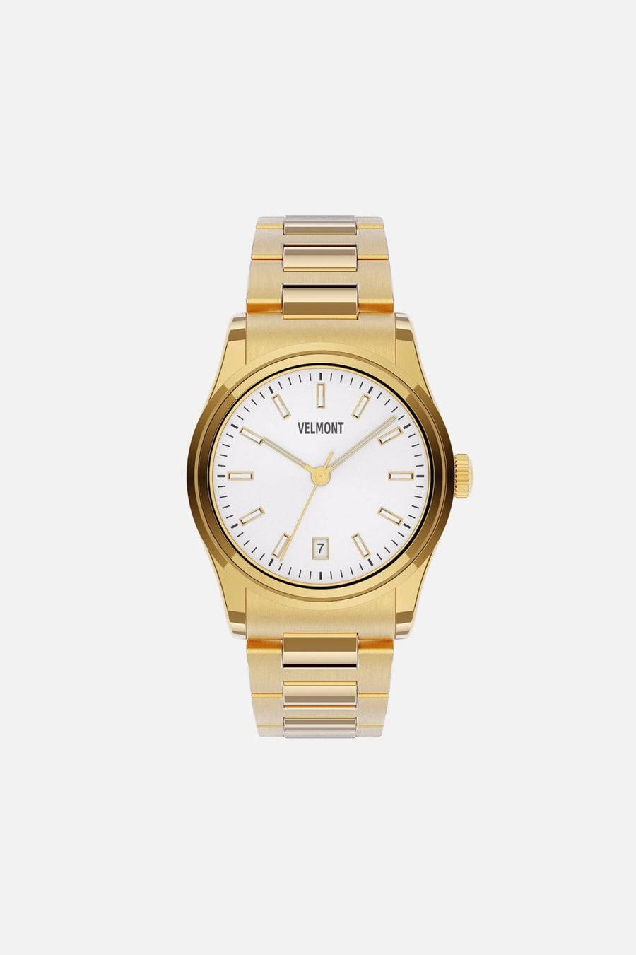 Front view of the small gold-tone round watch with white dial