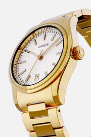 Angled view of the round case and white dial