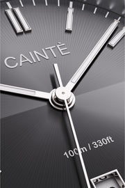 Close-up of the black sunburst dial, baton markers and hands