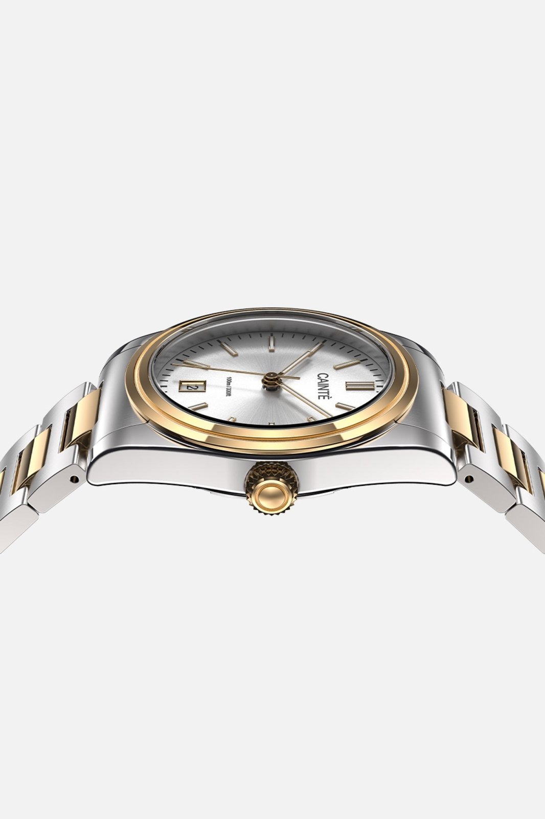Low front view of the round case and crown