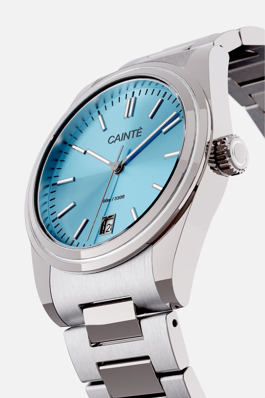Angled view of the round case and turquoise dial