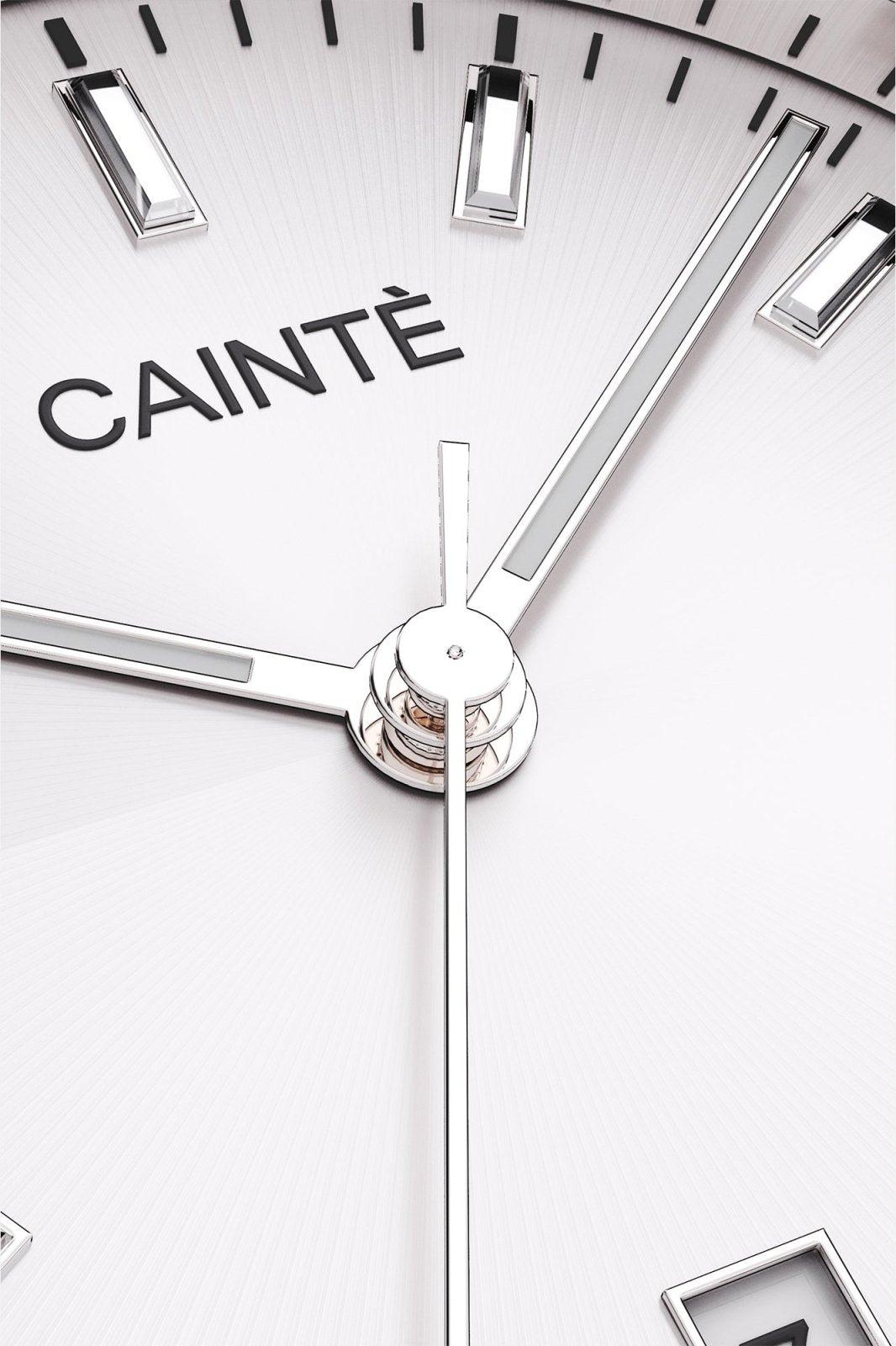 Close-up of the white sunburst dial, baton markers and hands