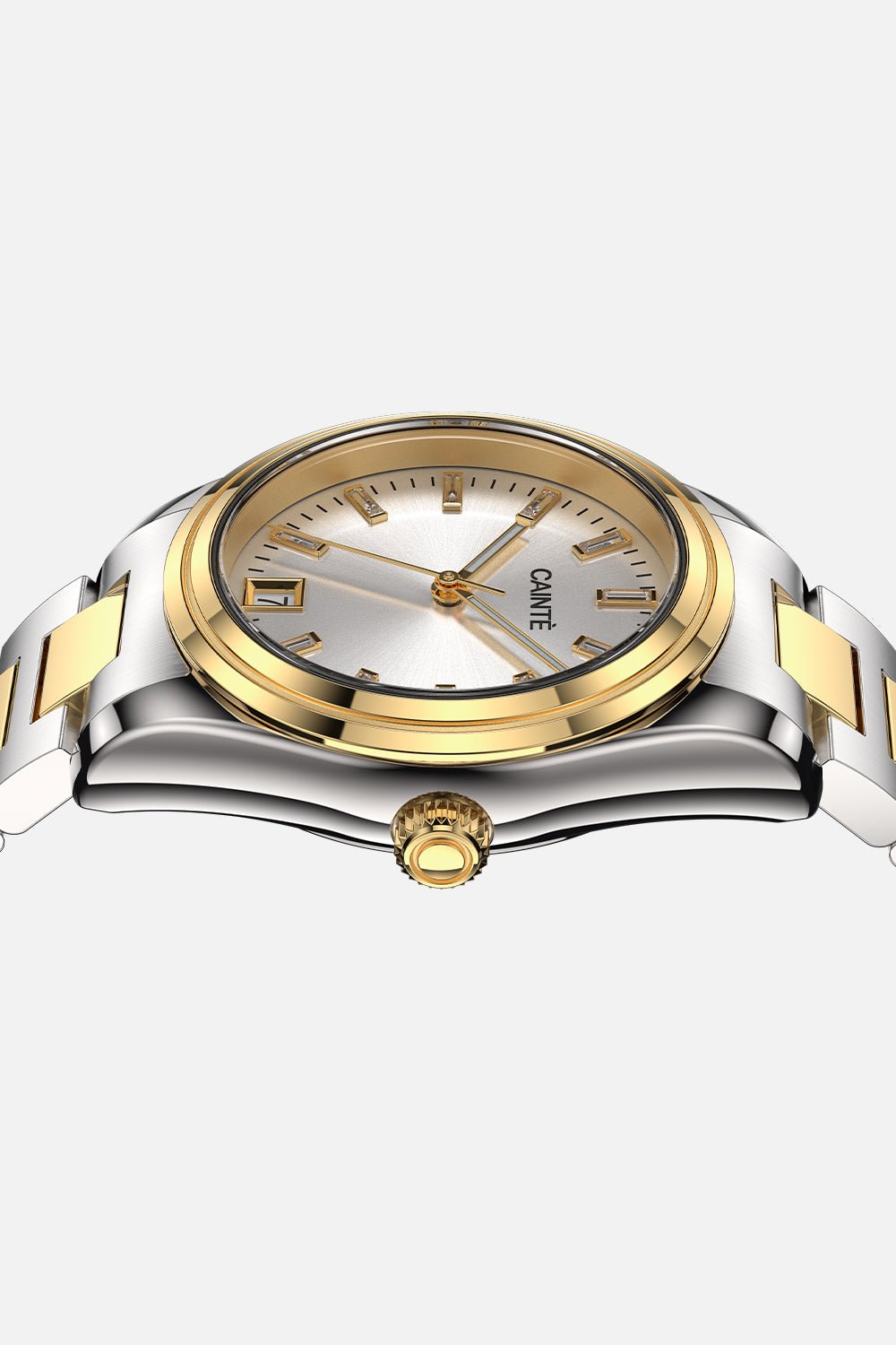 Low front view of the round case and crown