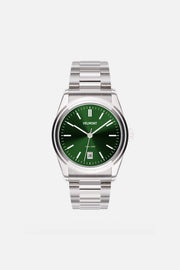 Front view of the round watch with olive green sunburst dial and date window
