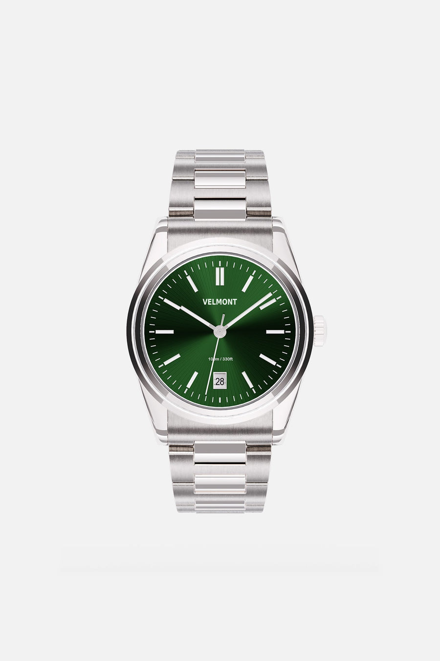 Front view of the round watch with olive green sunburst dial and date window