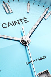 Close-up of the turquoise sunburst dial, baton markers and hands