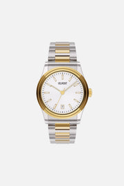 Front view of the small two-tone watch with white dial