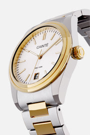 Angled view of the round case and white dial