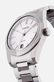 Angled view of the round case and white dial