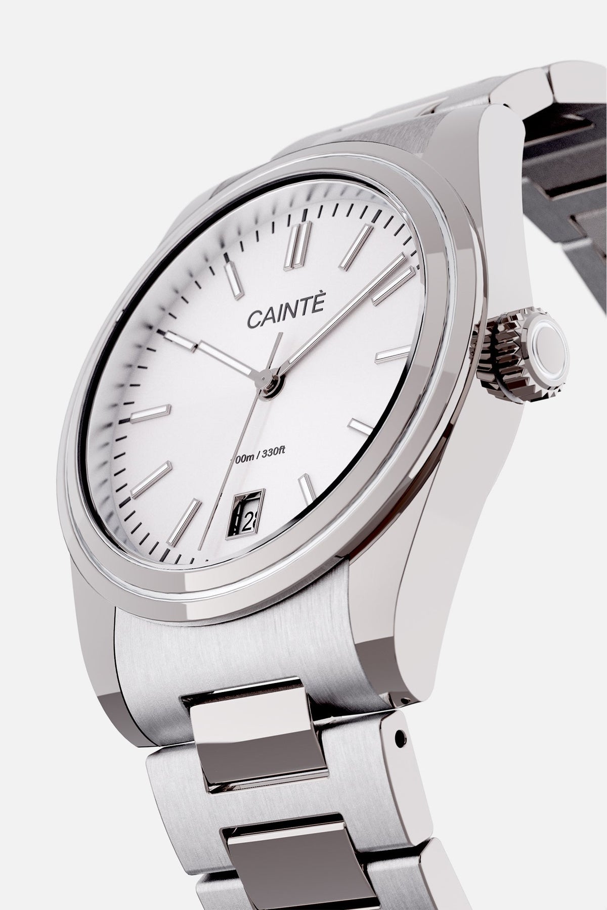 Angled view of the round case and white dial