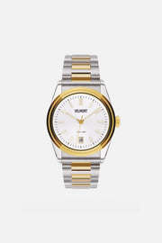 Front view of the two-tone round watch with white dial and gold-tone bezel