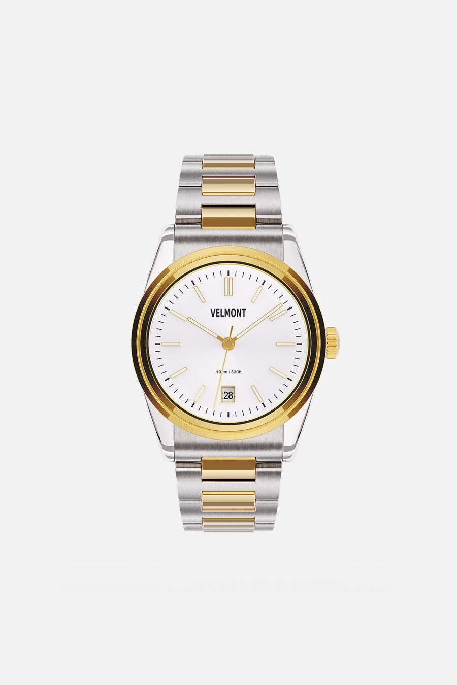 Front view of the two-tone round watch with white dial and gold-tone bezel