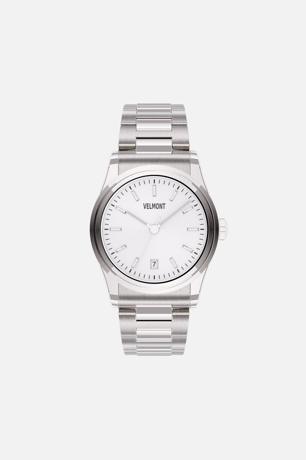 Front view of the round watch with white sunburst dial and date window