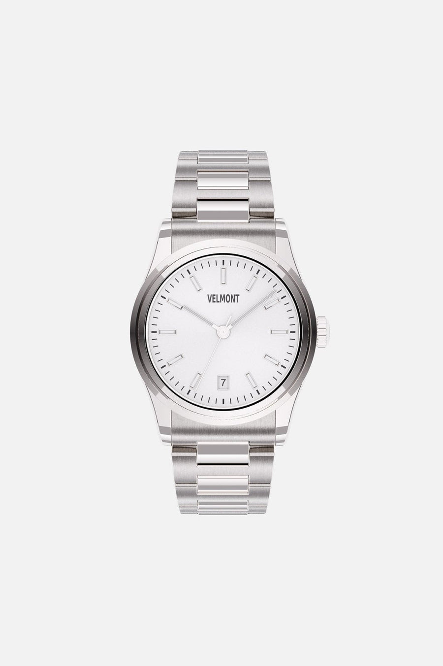 Front view of the round watch with white sunburst dial and date window
