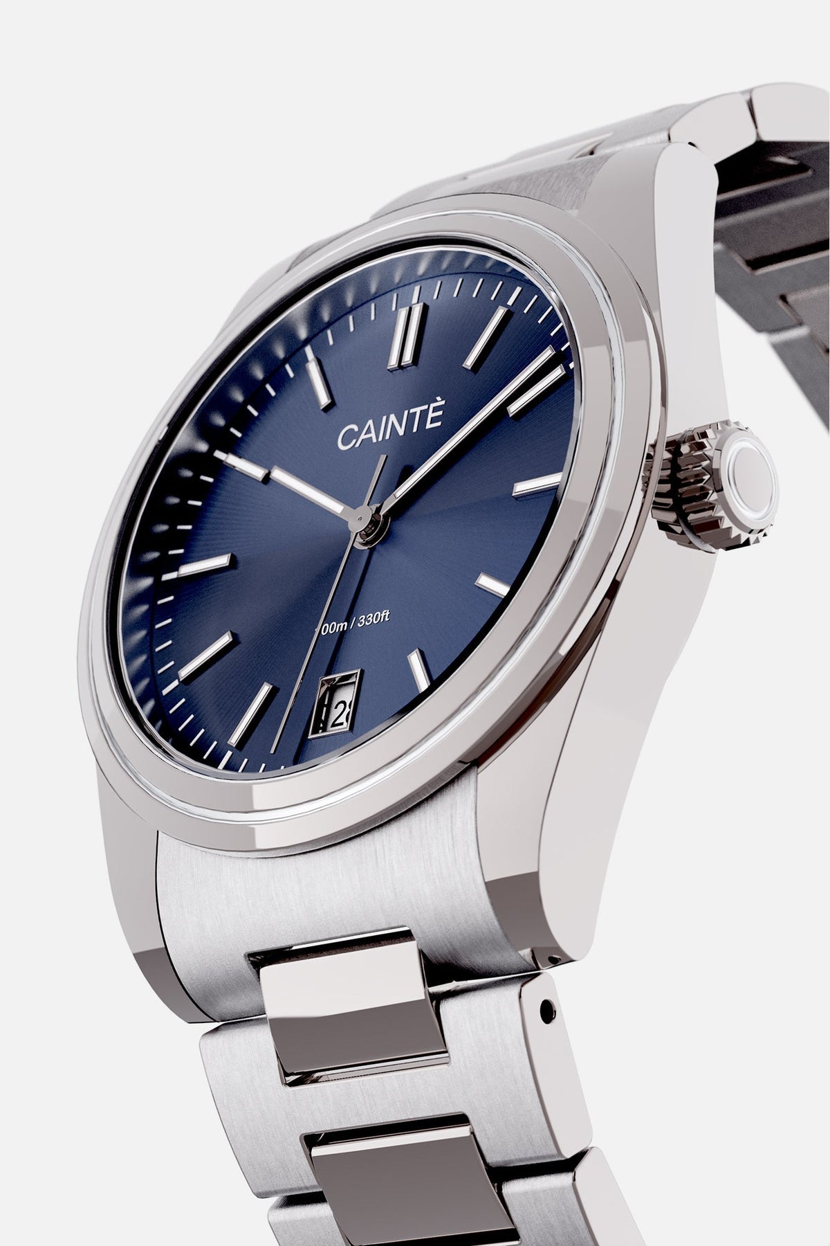 Angled view of the round case and blue dial