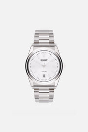 Front view of the round watch with white sunburst dial and date window