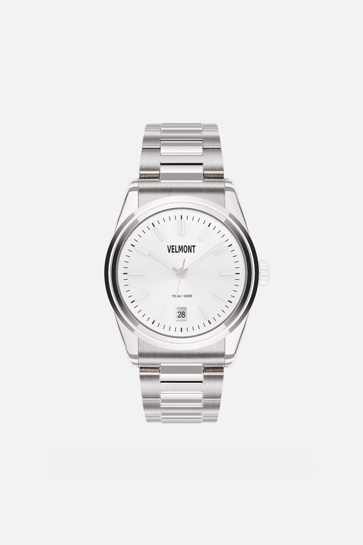 Front view of the round watch with white sunburst dial and date window