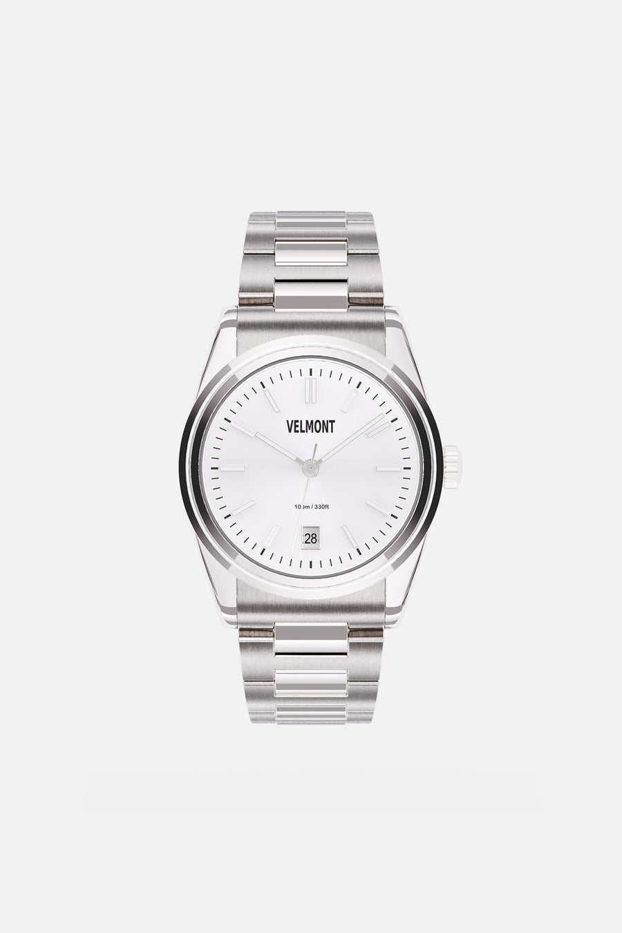 Front view of the round watch with white sunburst dial and date window