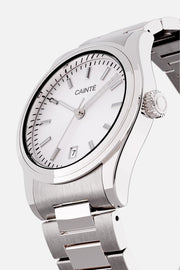 Angled view of the round case and white dial
