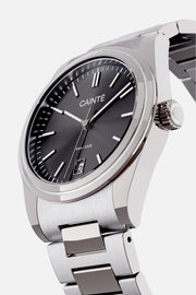 Angled view of the round case and black dial