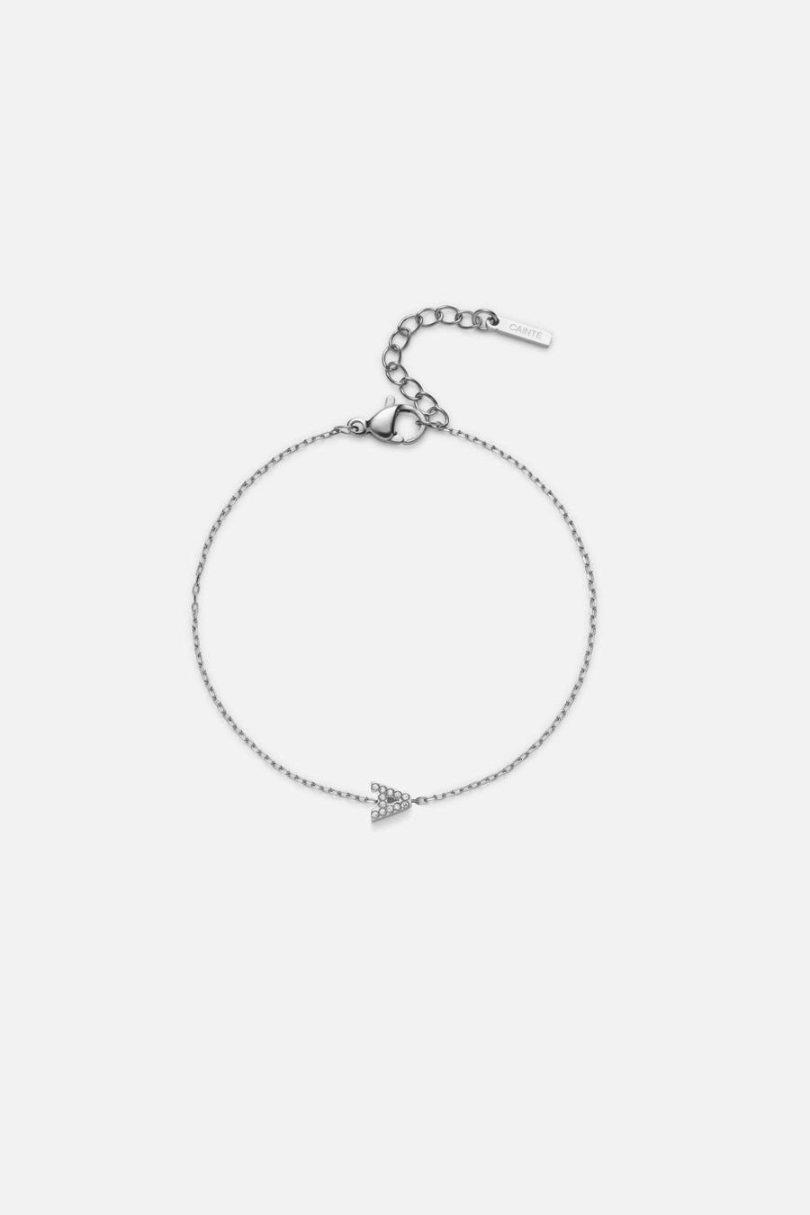 Silver-tone initial bracelet, front view on a light background