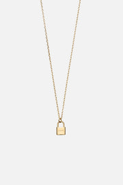 Gold-tone padlock pendant necklace, front view on a light background