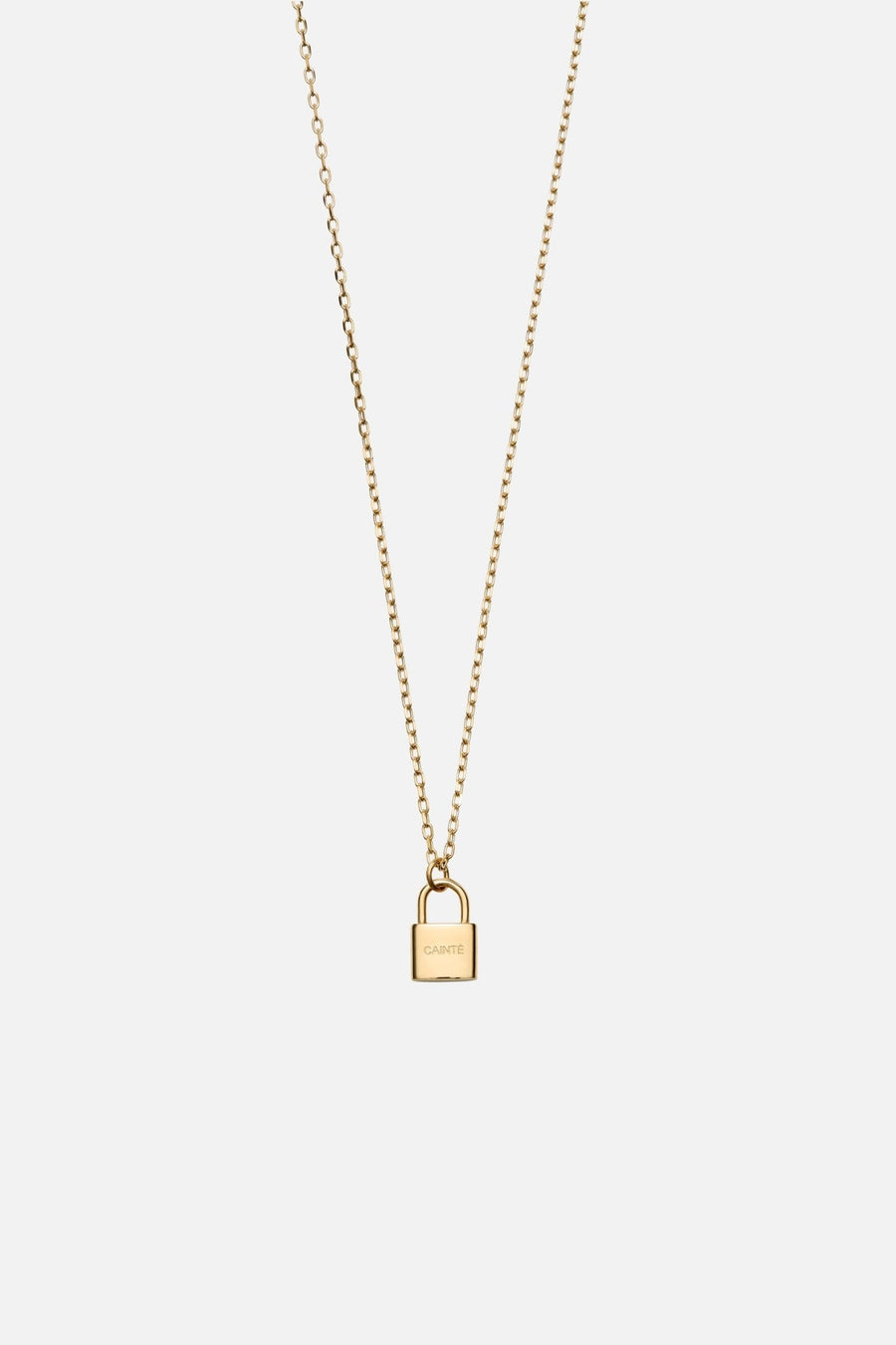 Gold-tone padlock pendant necklace, front view on a light background