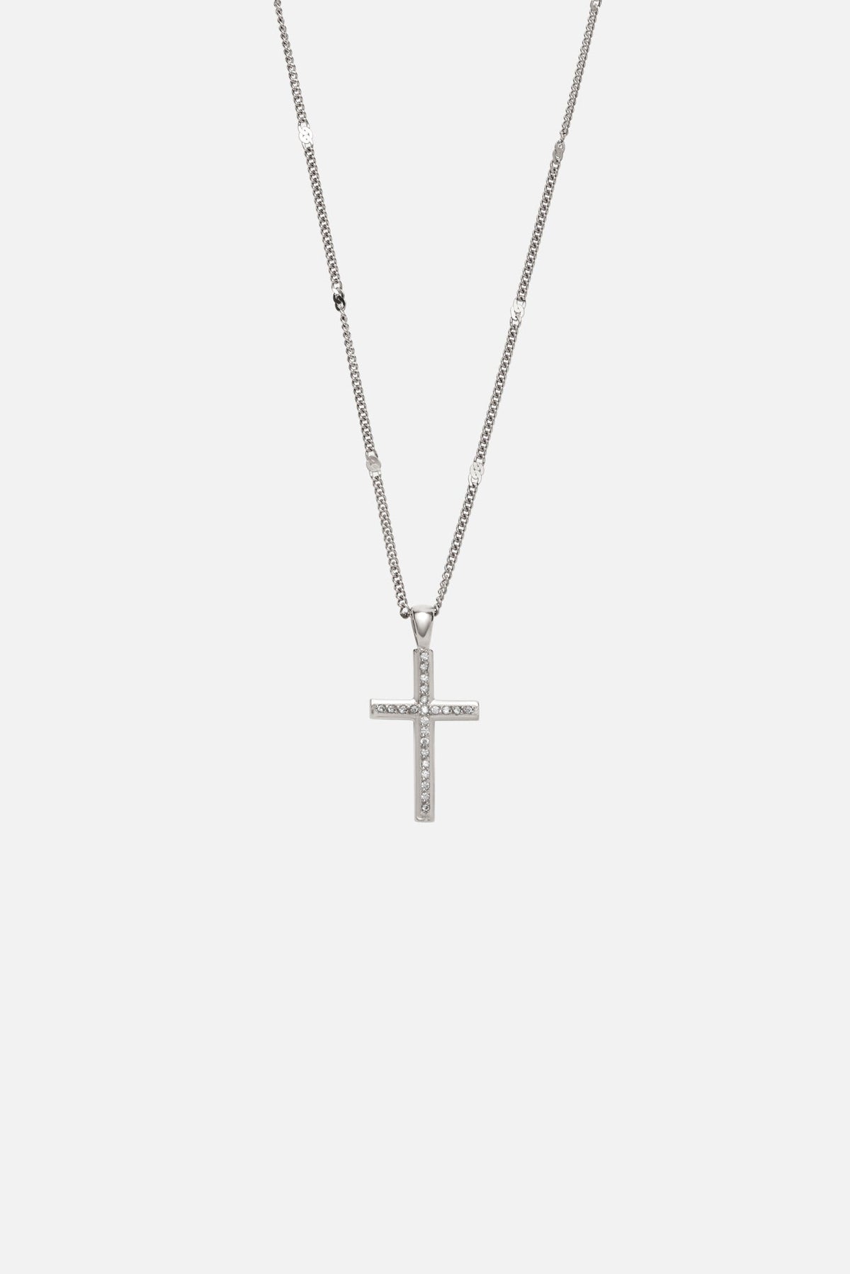 Silver-tone slim cross necklace, front view on a light background