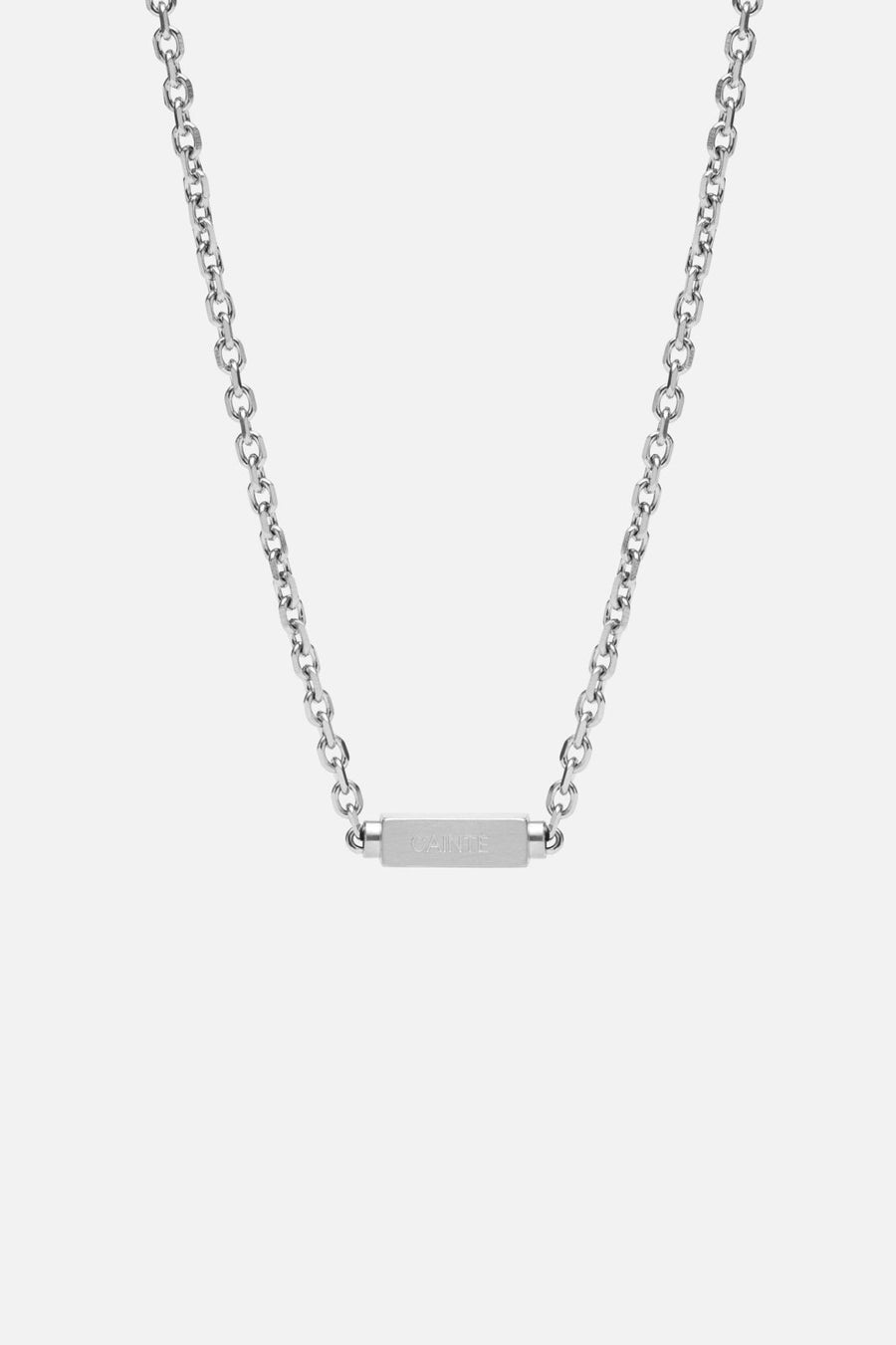 Silver-tone chain necklace with a brushed bar, front view on a light background