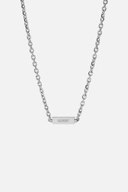 Silver-tone chain necklace with a polished bar, front view on a light background