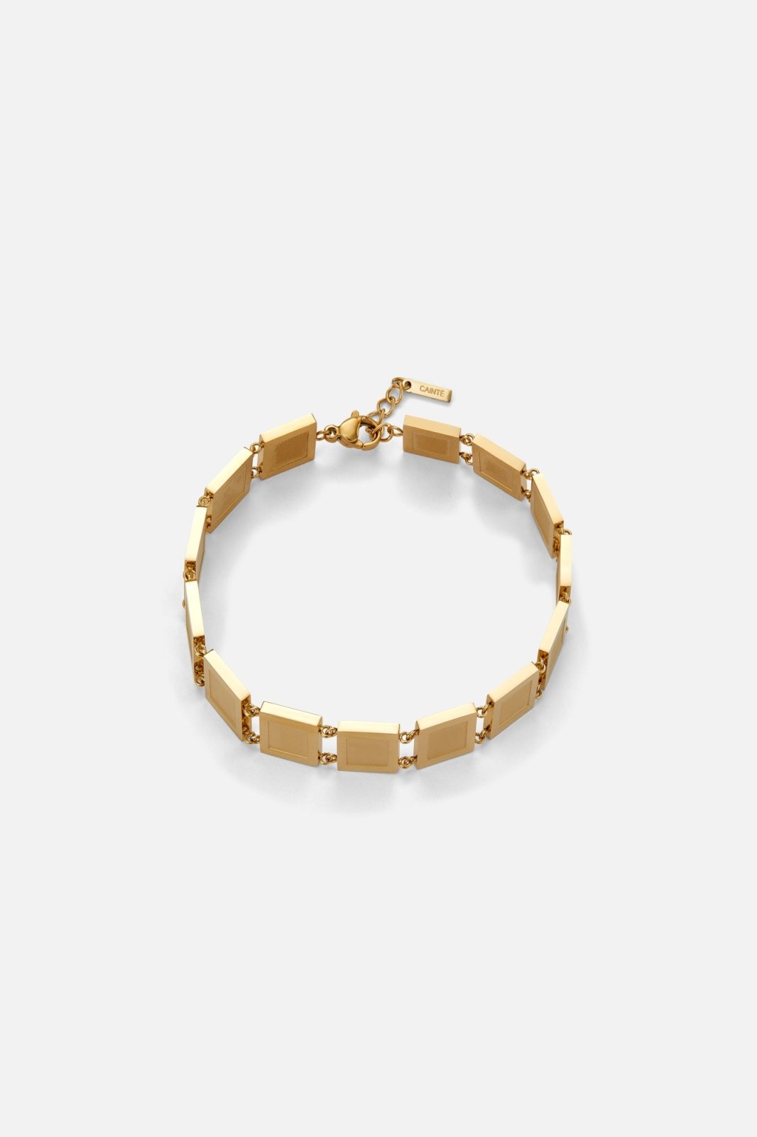 Gold-tone square plate link bracelet, front view on a light background