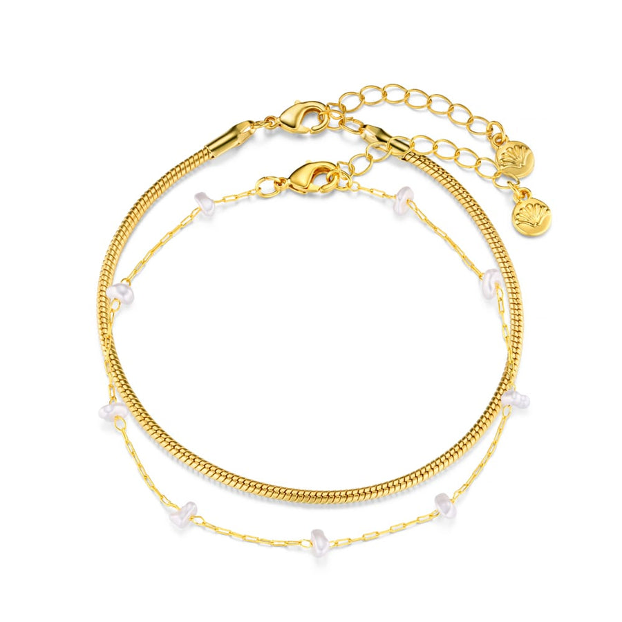 Gold-tone snake chain and white bead chain bracelets