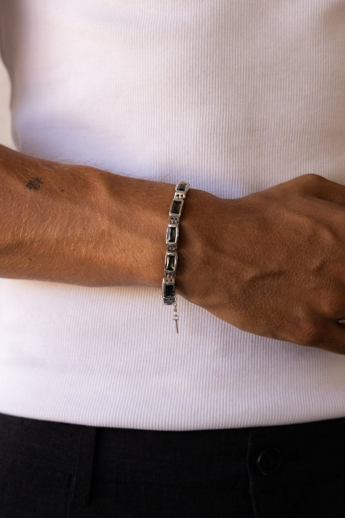 Silver-tone link bracelet with green stones, view 6 of 6