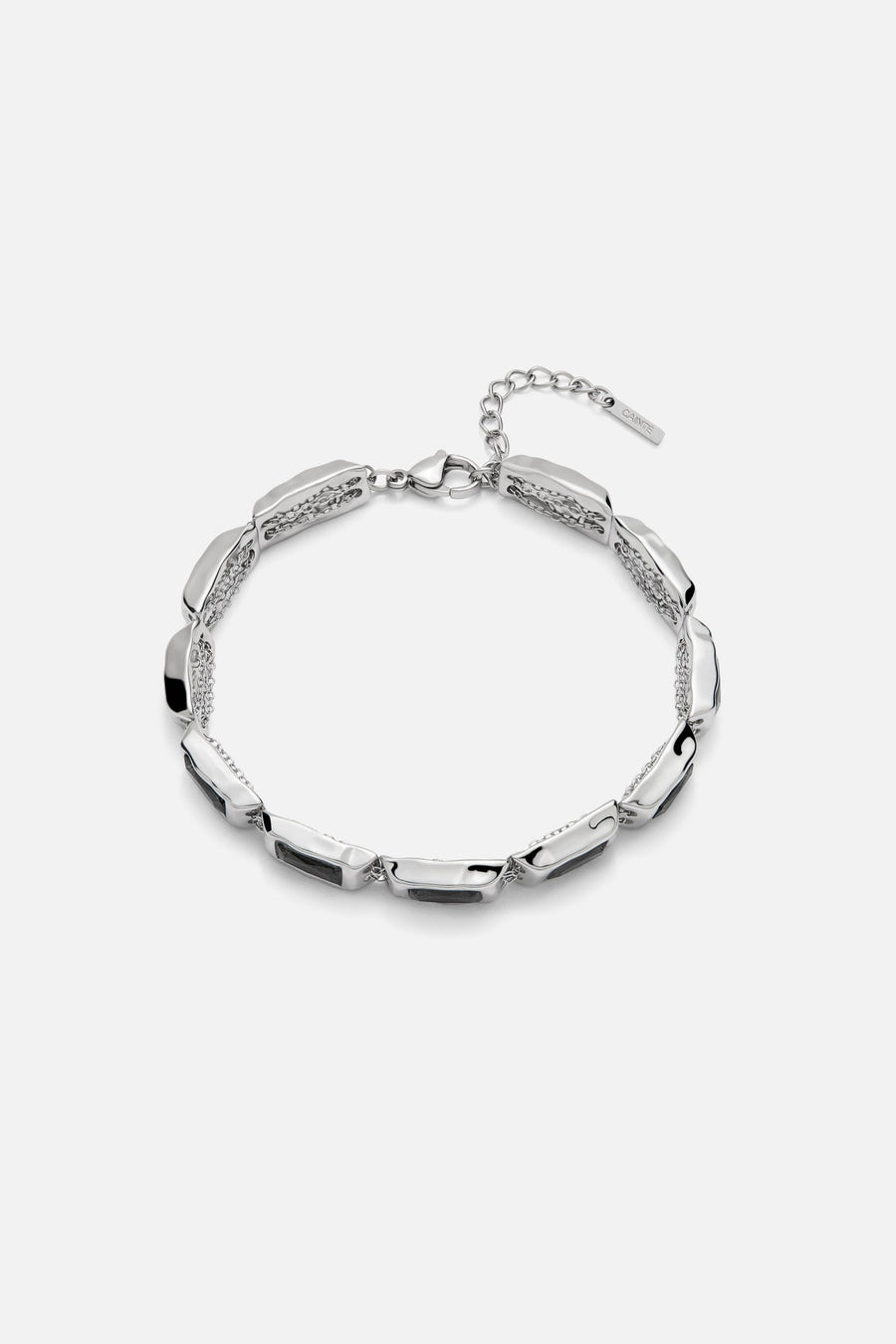Silver-tone link bracelet with green stones, front view on a light background