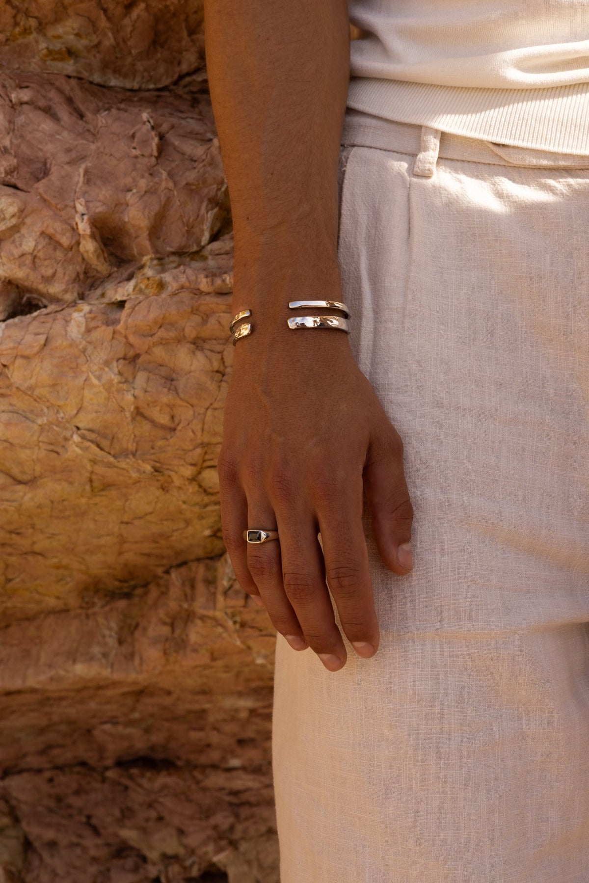 Silver-tone signet ring with a black rectangular stone, view 6 of 6