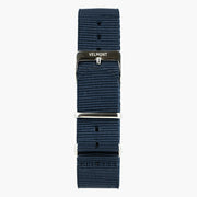The navy fabric strap alone, with silver-tone buckle and keepers.