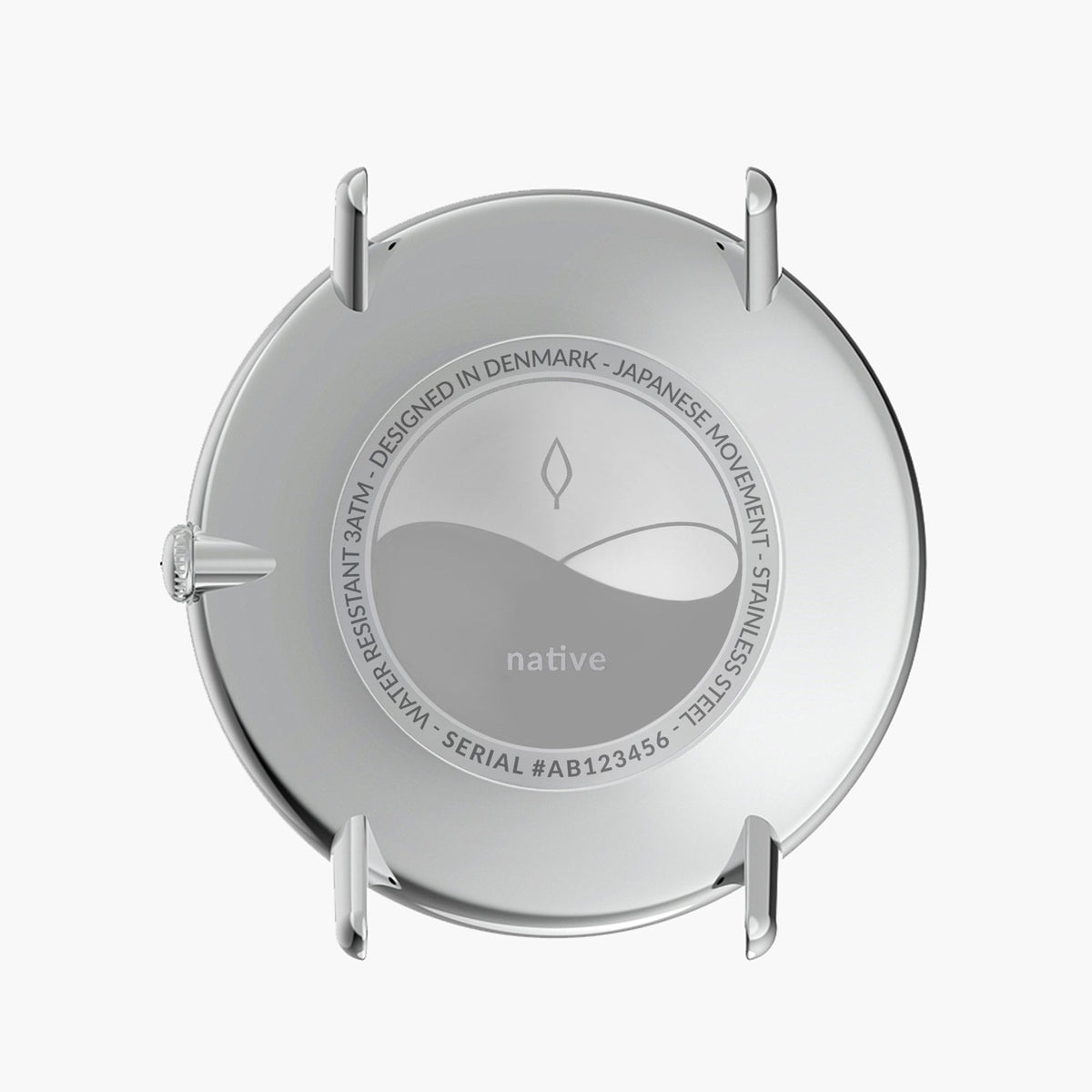 Rear of the polished silver-tone case, shown without a strap.