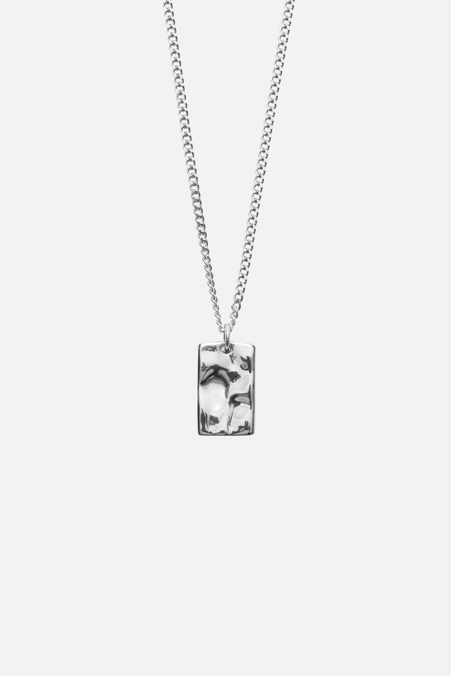Silver-tone textured tag pendant necklace, front view on a light background