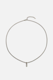 Silver-tone necklace with a small white inlay tag, view 5 of 7
