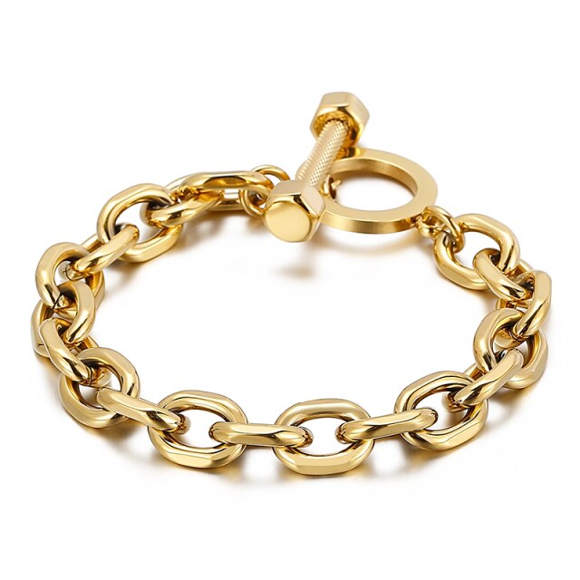 Gold-tone oval link bracelet with bolt toggle clasp