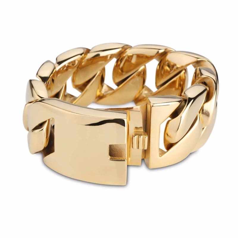 Gold-tone heavy curb bracelet with clasp in front