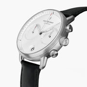 Angled view of the two subdials, pushers and silver-tone case.