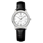 Steel watch with stone-set bezel on black strap